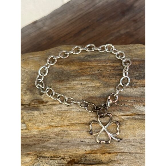 Sterling Silver Chain Bracelet With Four-Leaf Clover Charm 7.52g - Picture 3 of 5